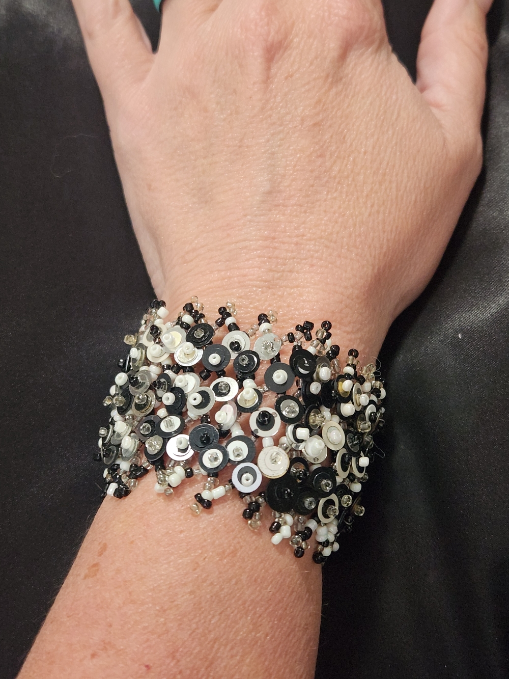 Handmade Black and White Beaded Sequin Cuff Bracelet